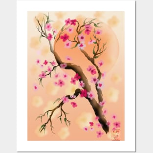 Deep yellow and pink sakura (cherry blossoms) sumi-e Posters and Art